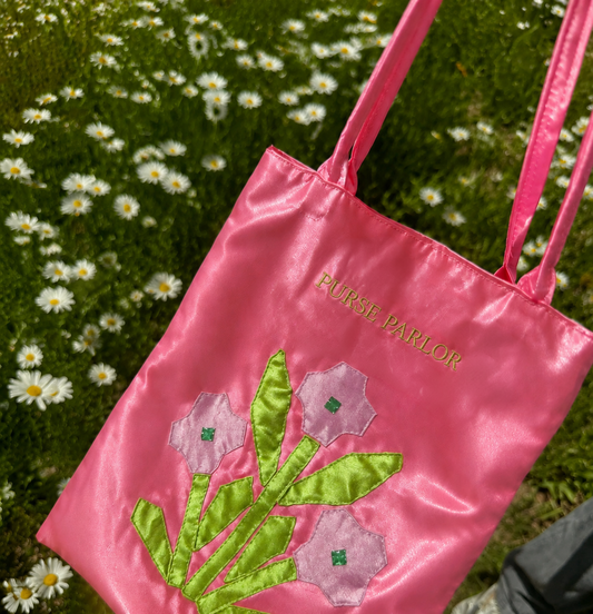 Pink Garden Flower Satin Tote Bag