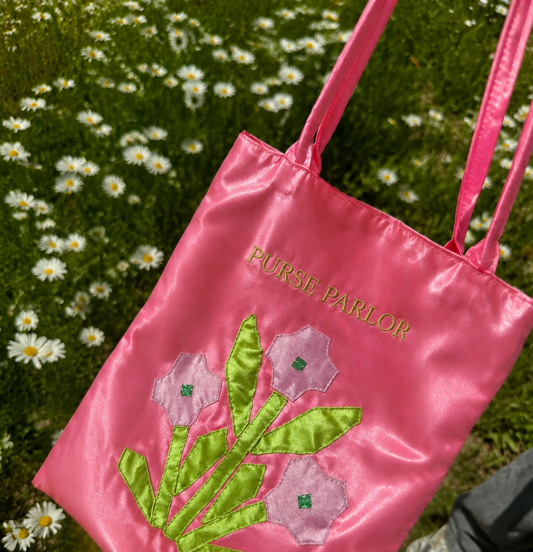 Pink Garden Flower Satin Tote Bag