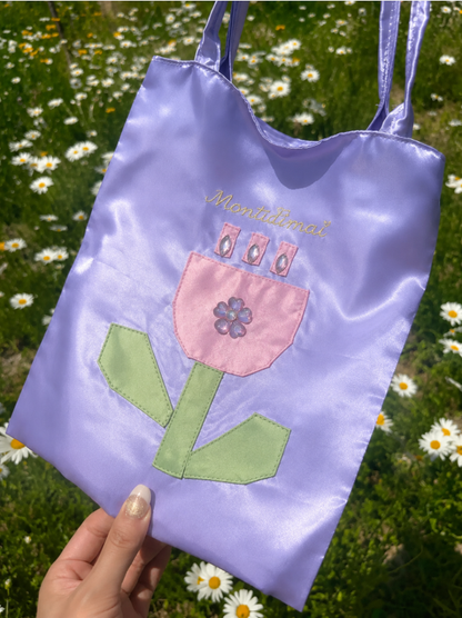 Floral Applique Satin Tote Bag