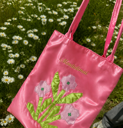 Pink Garden Flower Satin Tote Bag