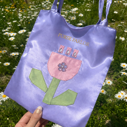 Floral Applique Satin Tote Bag