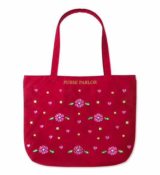 Ruby Flower Crystal Satin Tote Bag