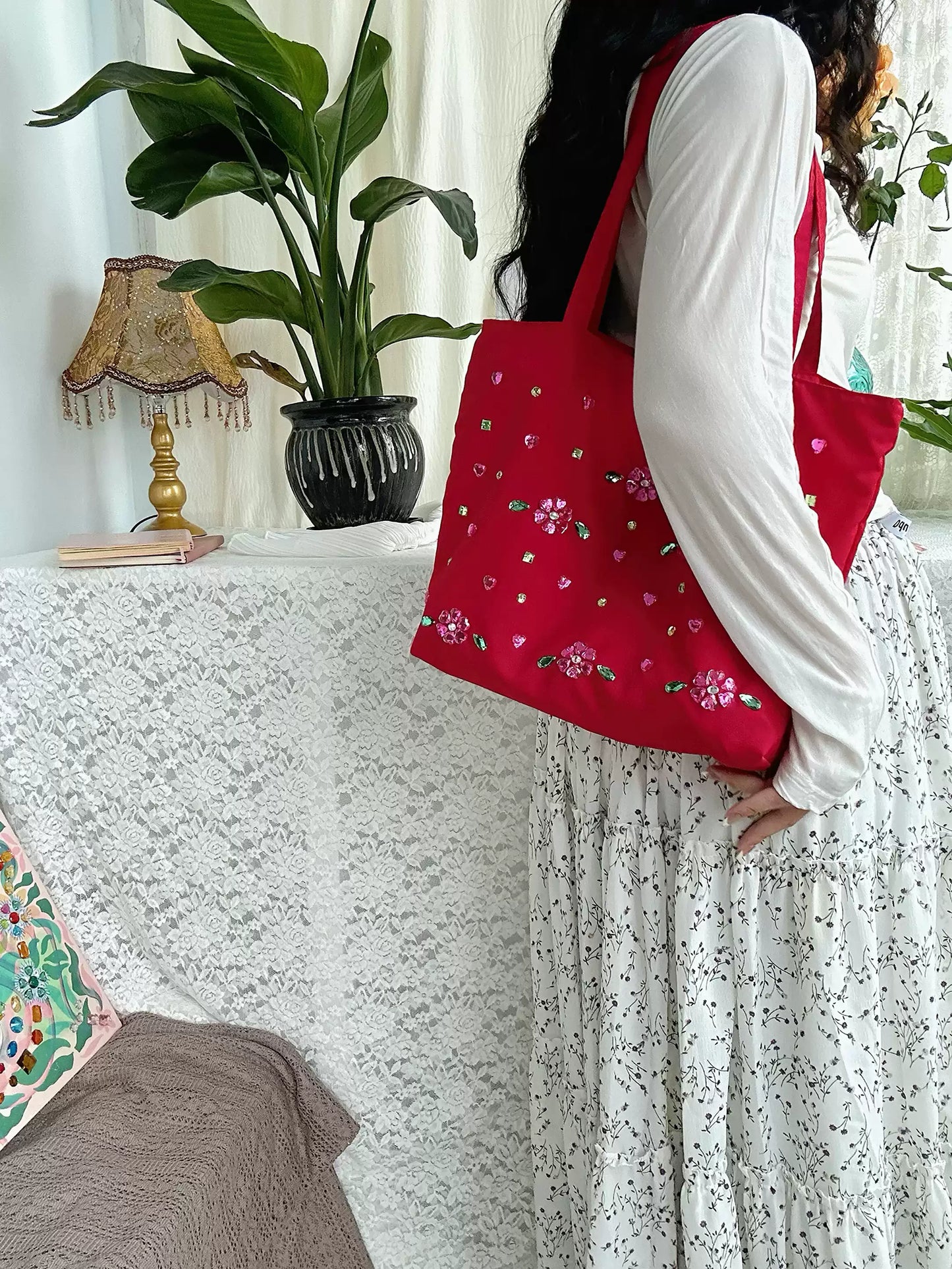 Ruby Flower Crystal Satin Tote Bag