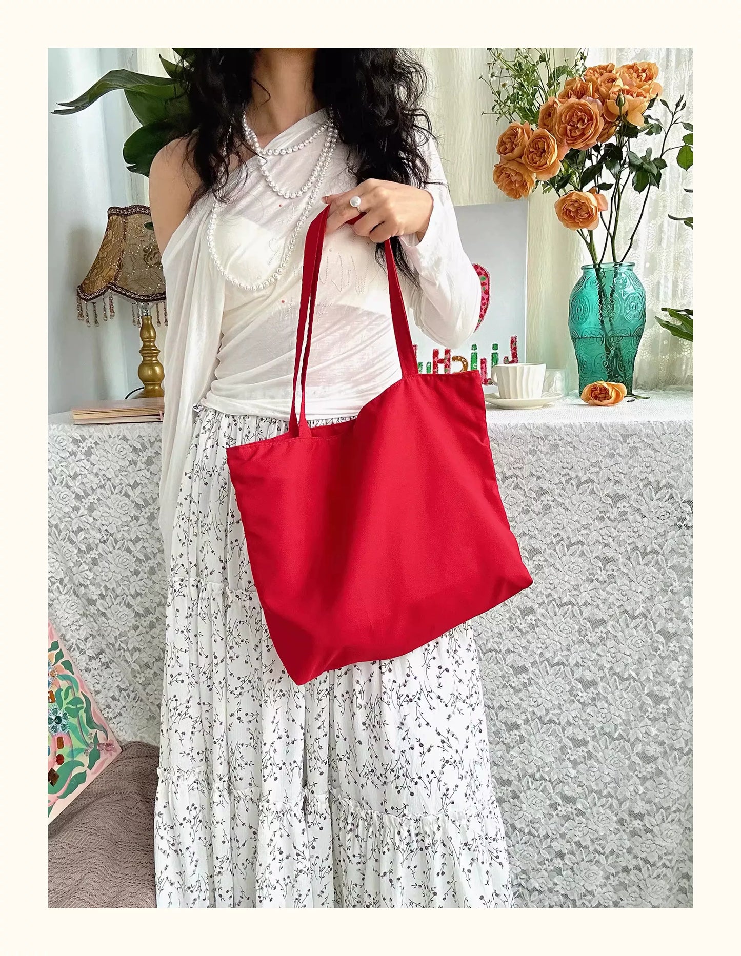 Ruby Flower Crystal Satin Tote Bag