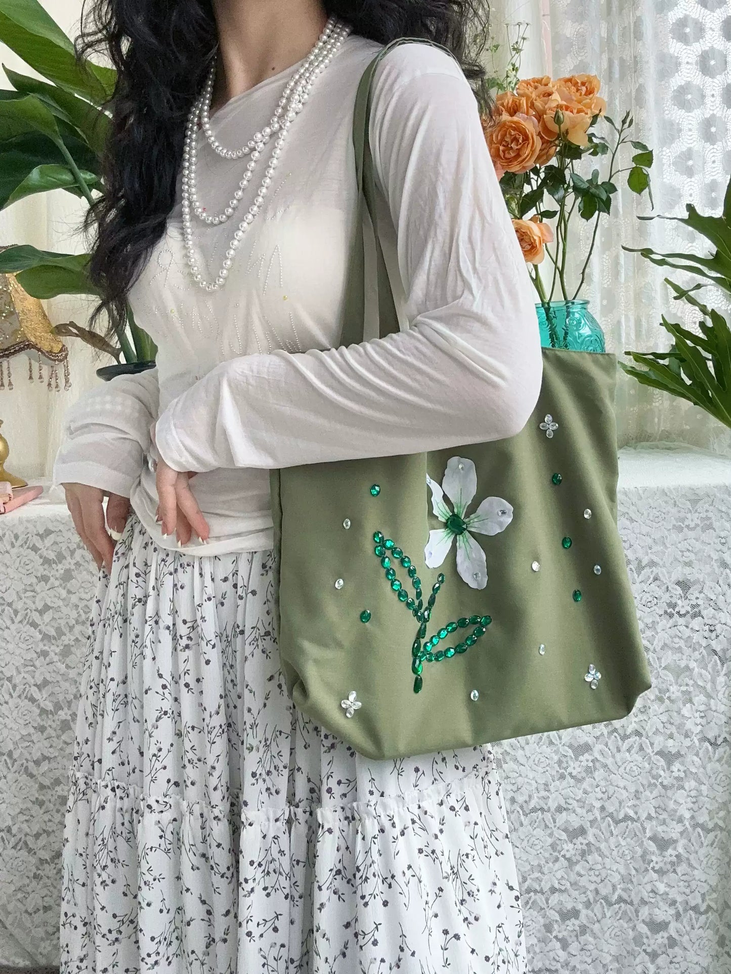 Botanical Flower Satin Tote Bag