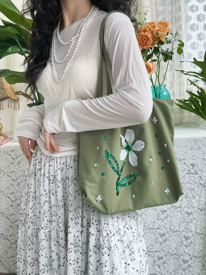 Botanical Flower Satin Tote Bag