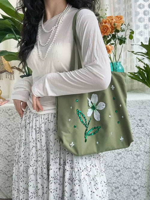 Botanical Flower Satin Tote Bag
