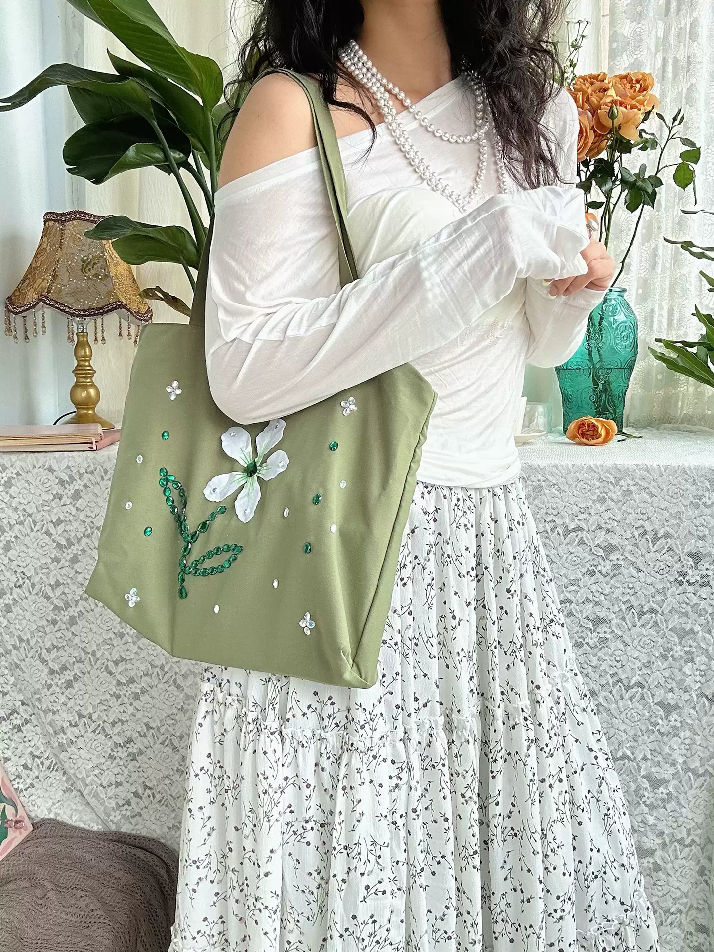 Botanical Flower Satin Tote Bag