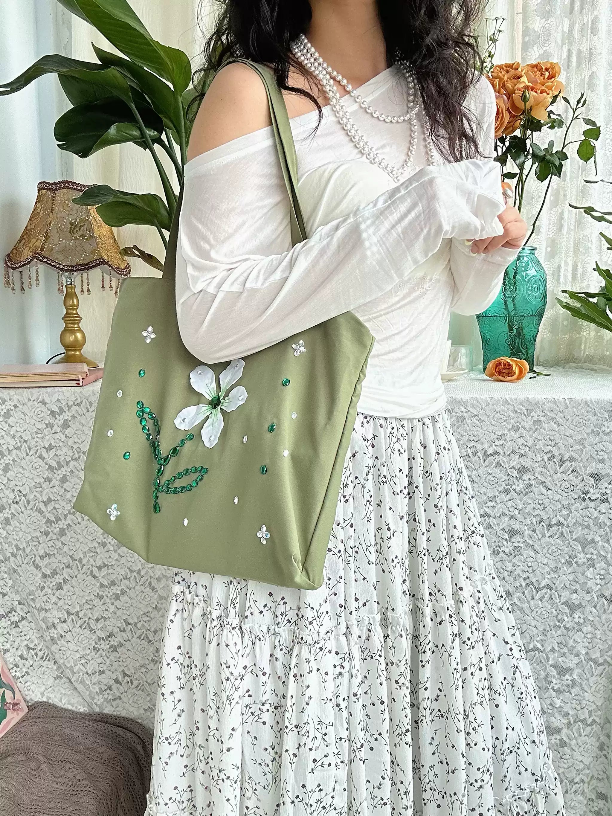 Botanical Flower Satin Tote Bag