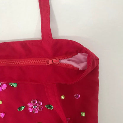 Ruby Flower Crystal Satin Tote Bag