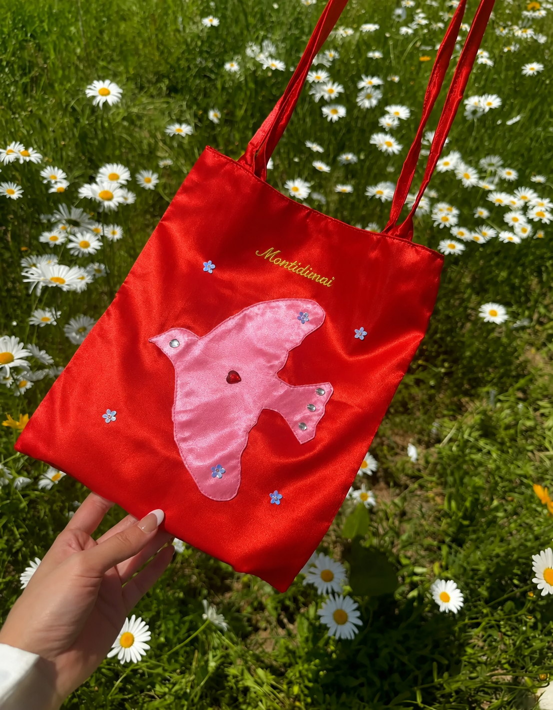 Bird Applique Satin Tote Bag