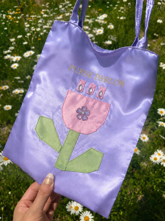 Floral Applique Satin Tote Bag